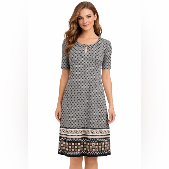 Dana Buchman Dresses & Skirts - DANA BUCHMAN Short Sleeve Sheath Dress Black White Tan Geometric Print Small